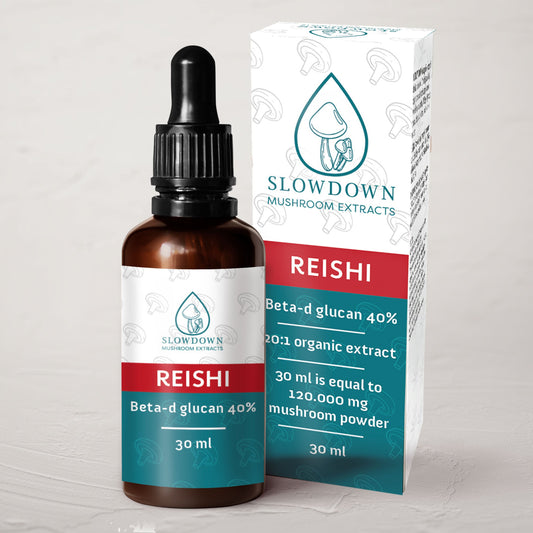 Slowdown Reishi Extract 30 ml bottle labeled 20:1 and 40% beta-d-glucan liquid concentrate